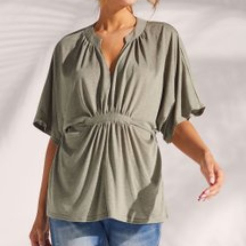 Simple by Suzanne Betro Heather Sage Gathered-Front Notch Neck Tunic/NWT/LARGE